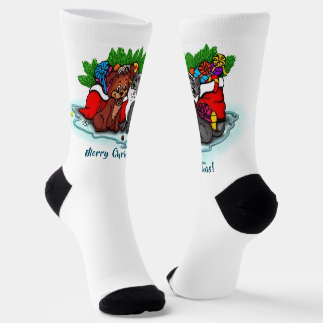 Kitty and Puppy , Happy XMas Socken (Gewinkelt)