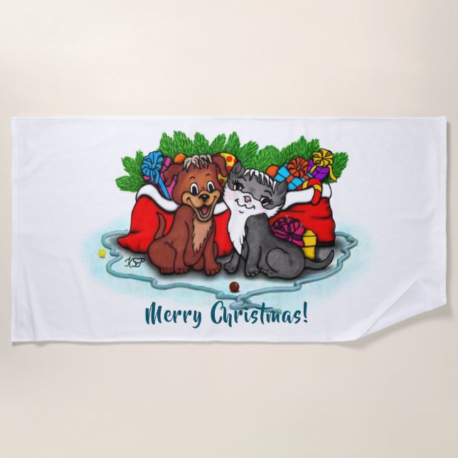 Kitty and Puppy , Happy XMas Strandtuch (Vorderseite)