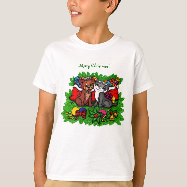 Kitty and Puppy , Happy XMas T-Shirt (Vorderseite)