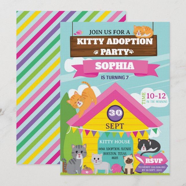 Kitty Birthday Invitation / Girl Kitten Party Einladung (Vorne/Hinten)