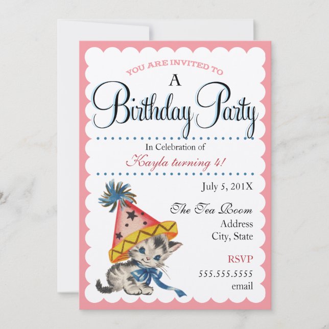 Kitty Birthday Party| Retro Birthday Einladungen (Vorderseite)