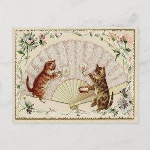 Kitty Bubbles & Fan Vintage Reproduktion Postkarte