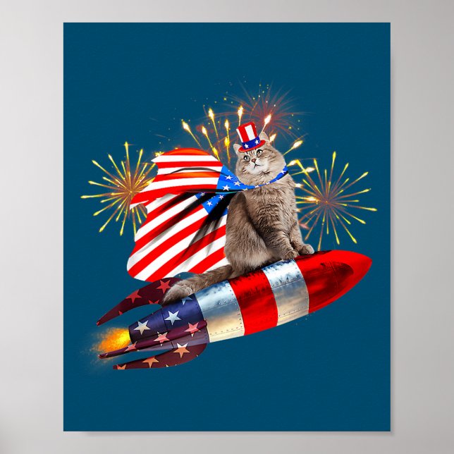 Kitty Cat 4. Juli Rocket mit Fireworks USA Poster (Vorne)