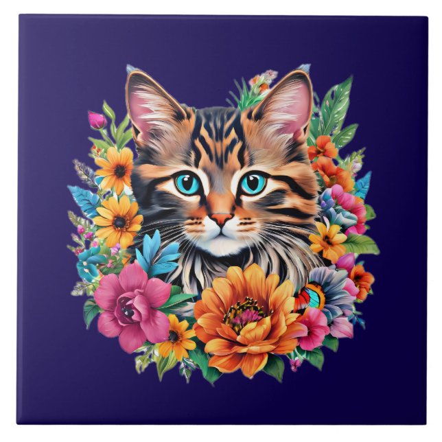 Kitty Cat auf marineblau Fliese (Vorderseite)