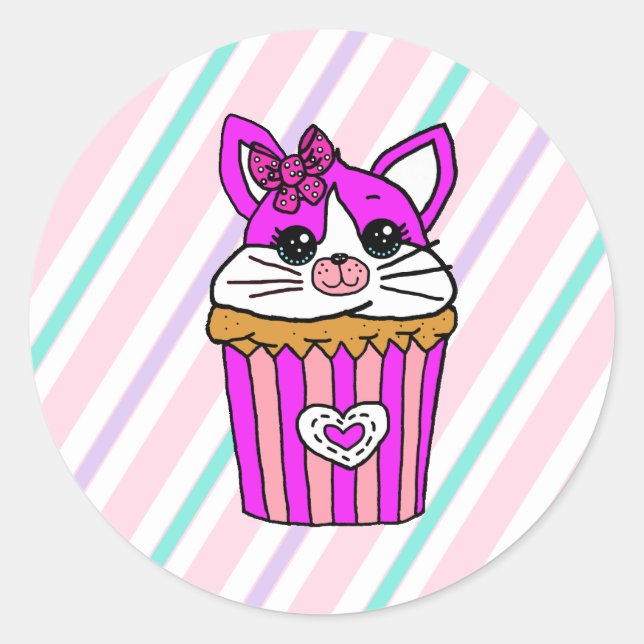Kitty Cat Cupcake Birthday Runder Aufkleber (Vorderseite)