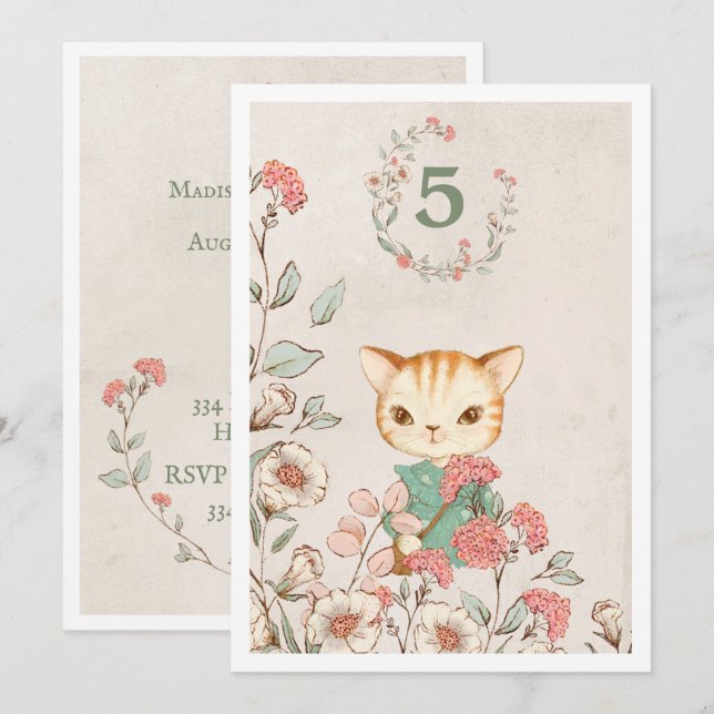 Kitty Cat Floral Girly Kitten 5-jähriger Geburtsta Einladung (Vorne/Hinten)