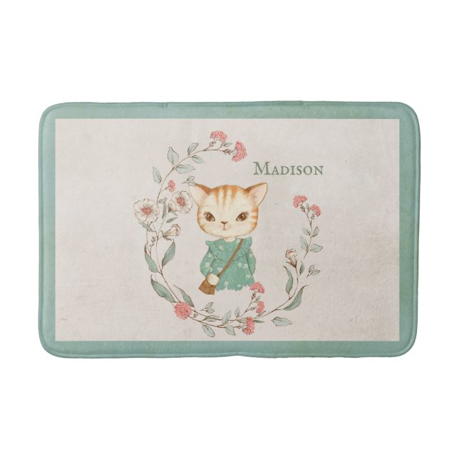 Kitty Cat Floral Personalisiert Name Girten Kitten Badematte (Vorderseite)