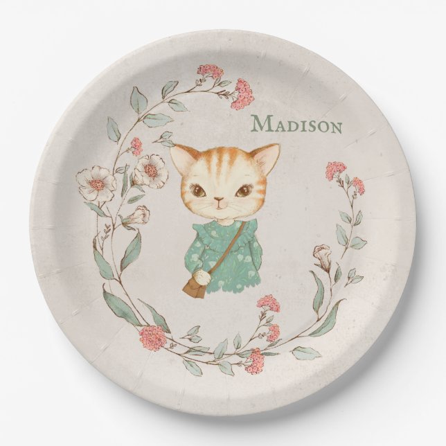 Kitty Cat Floral Personalisiert Name Girten Kitten Pappteller (Vorderseite)