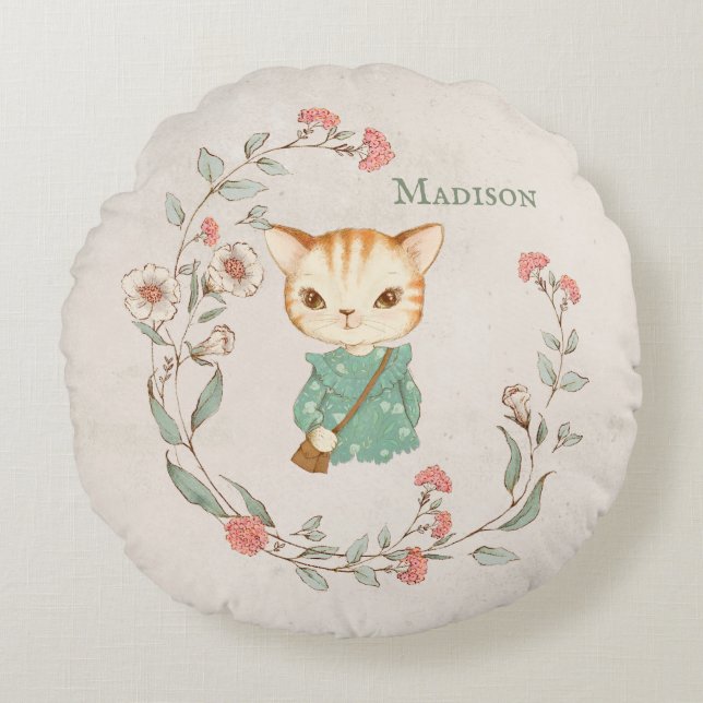 Kitty Cat Floral Personalisiert Name Girten Kitten Rundes Kissen (Vorderseite)