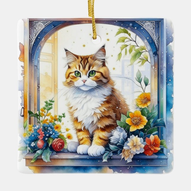 Kitty Cat im Fenster der Blume Personalisiert Keramikornament (Vorderseite)