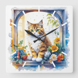 Kitty Cat im Fenster der Blume Quadratische Wanduhr