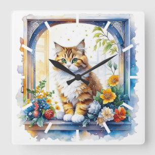 Kitty Cat im Fenster der Blume Quadratische Wanduhr