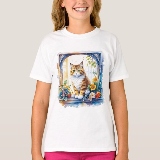 Kitty Cat im Fenster der Blume T-Shirt (Vorderseite)