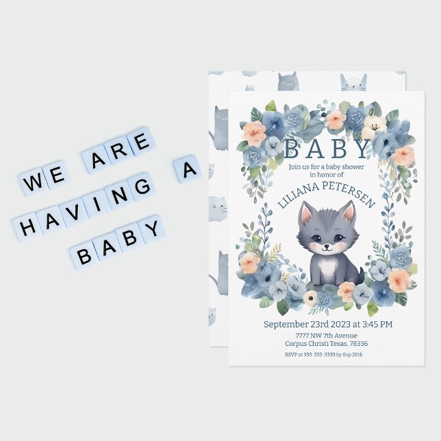 Kitty Cat Kitten Pastel Blue Boy Babydusche Einladung (Baby Shower Invitation)