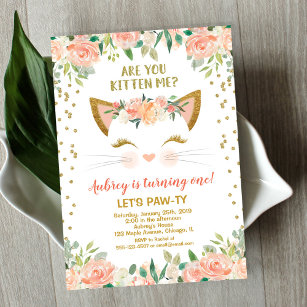Kitty Cat kitten peach Creme Geburtstagsparty Einladung