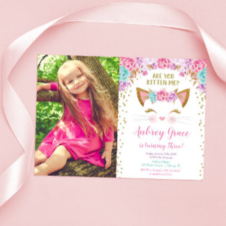 Kitty Cat Kitten Pink Gold Glitzer Geburtstagsgesc Einladung