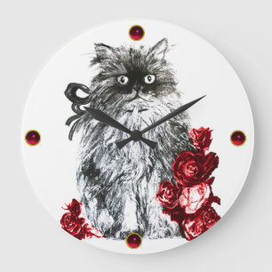 KITTY CAT,KITTEN WITH RED ROSES,Black White Große Wanduhr
