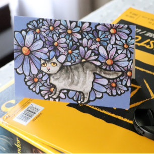 Kitty Cat Lila Daisies Gray Cat Art Gray Cats Karte