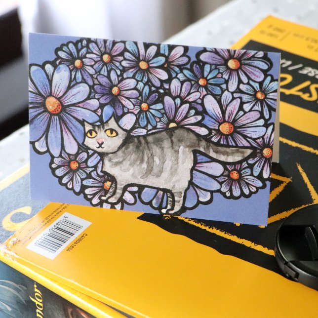 Kitty Cat Lila Daisies Gray Cat Art Gray Cats Karte (Von Creator hochgeladen)