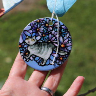 Kitty Cat Lila Daisies Gray Cat Art Gray Cats Keramik Ornament