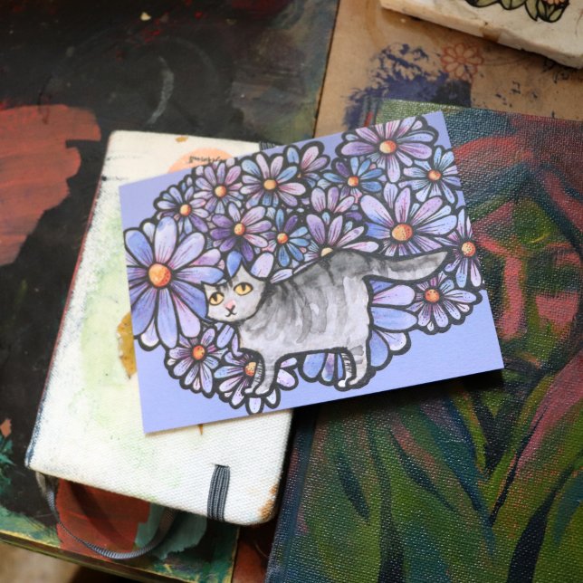 Kitty Cat Lila Daisies Gray Cat Art Gray Cats Postkarte (Von Creator hochgeladen)