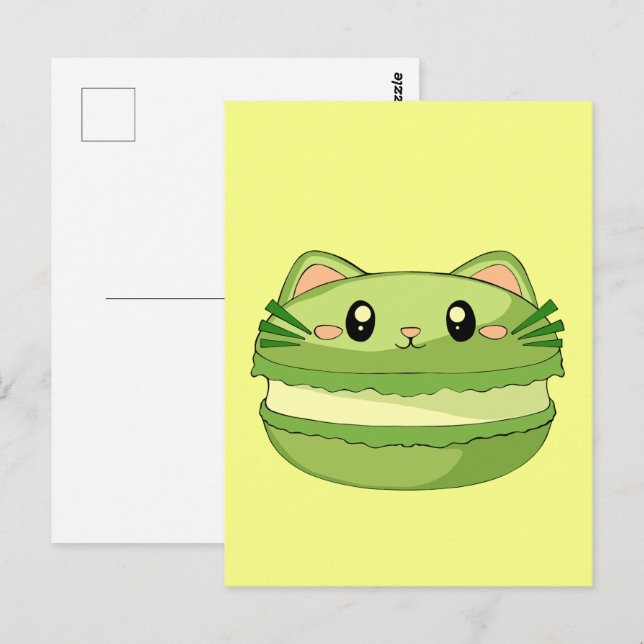 Kitty Cat Matcha Macaron Postkarte (Vorne/Hinten)