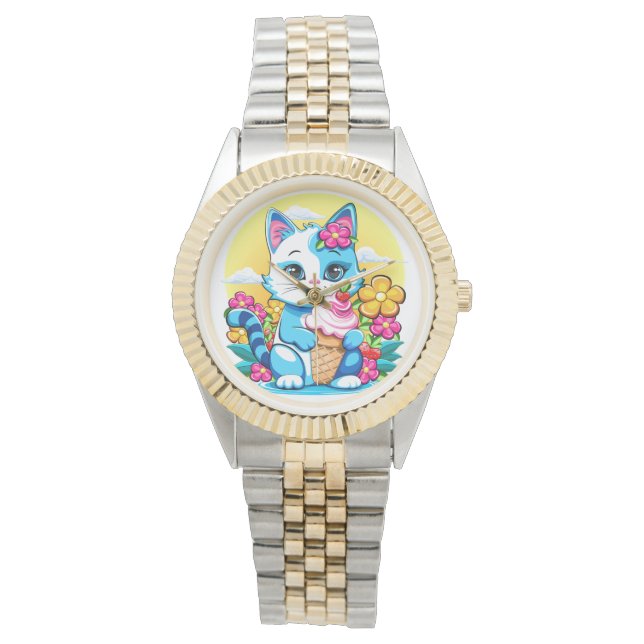 Kitty Cat mit Eis Summer Kawaii Charakter Armbanduhr (Vorderseite)