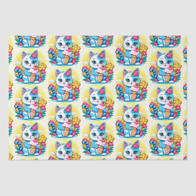 Kitty Cat mit Eis Summer Kawaii Charakter Seidenpapier (Vorderseite)