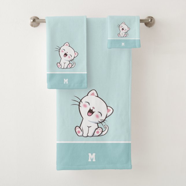 Kitty Cat & Monogram on Light Blue Bath Handtuch S Badhandtuch Set (Insitu)