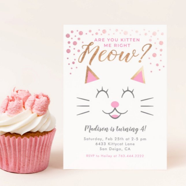Kitty Cat Pink Gold Geburtstagsparty Einladung (Von Creator hochgeladen)