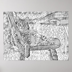 Kitty Cat Sitzen im Stuhl Abstrakte Kunstfarben Poster