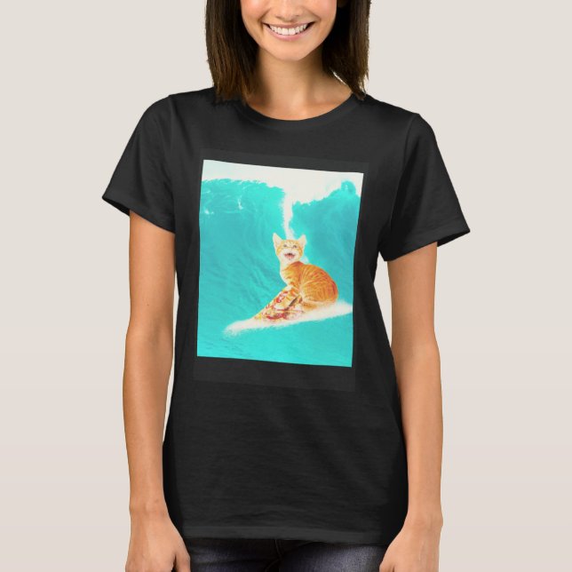 Kitty Cat Surfing Pizza T-Shirt (Vorderseite)