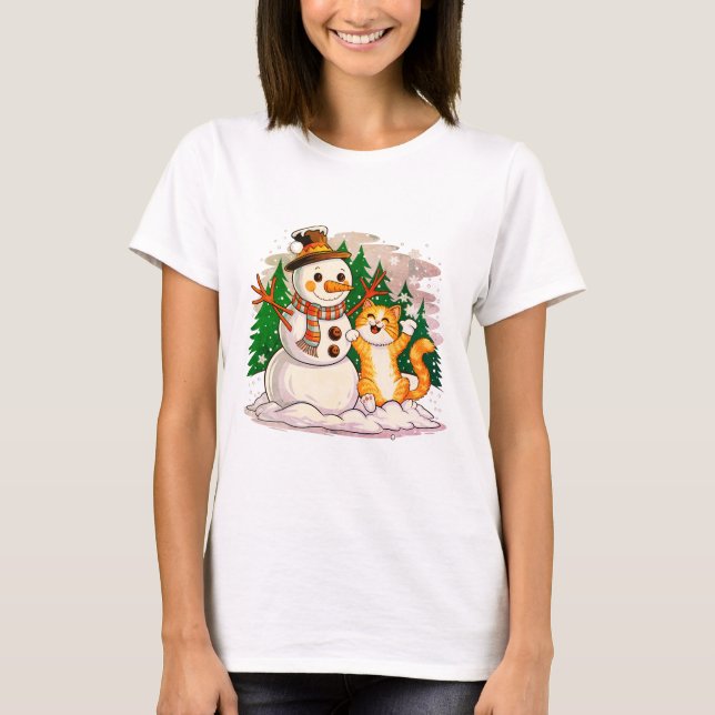 Kitty Cat und Snowman Freunde für Winterliebhaber T-Shirt (Vorderseite)