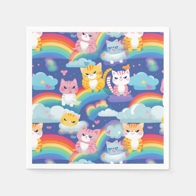 Kitty Cats auf Regenbogenwolken Niedlich und glück Serviette (Vorderseite)