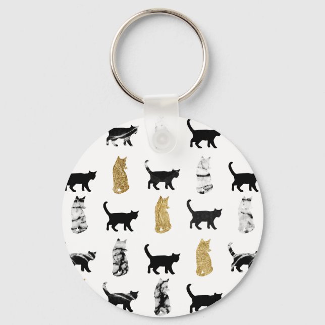 Kitty Cats in Gold und Schwarz-Weiß-Marmor Schlüsselanhänger (Vorderseite)