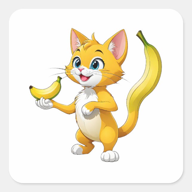 "Kitty Goes Bananas" Quadratischer Aufkleber (Vorderseite)
