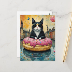 Kitty im Urlaub in einem schwebenden Donut Postkarte