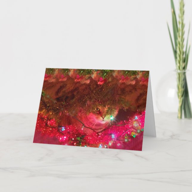 Kitty im Weihnachtsbaum Feiertagskarte (Vorderseite)