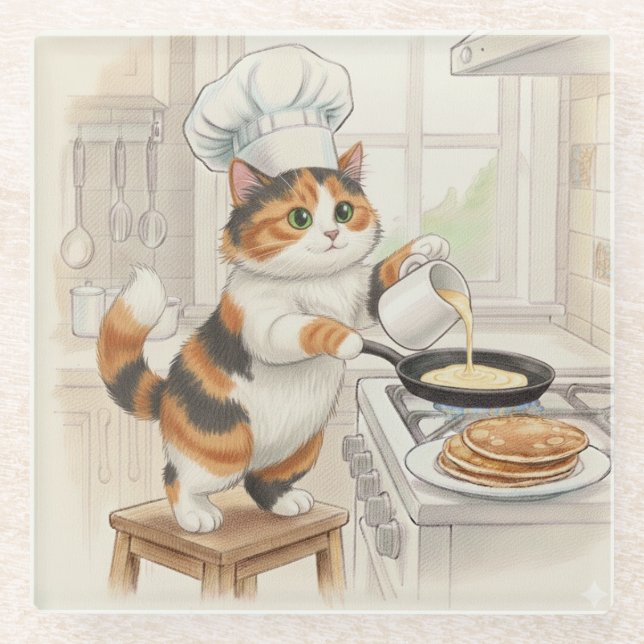 Kitty Kitchen, Calico, Glass Coaster Glasuntersetzer (Vorderseite)