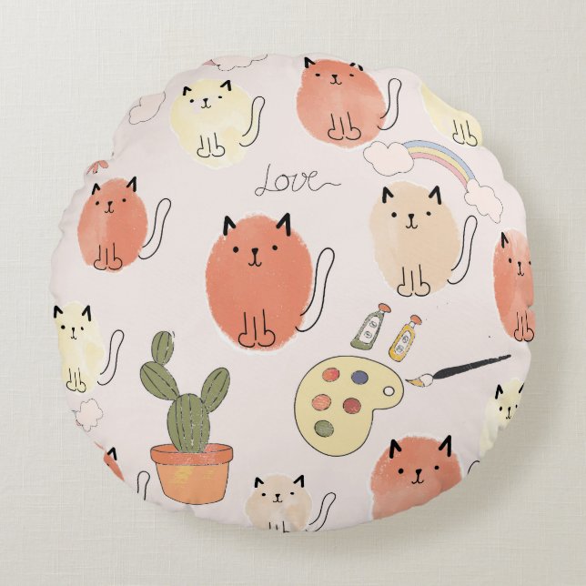 Kitty Kitten Cats: Süße Tier Pattern Rundes Kissen (Vorderseite)