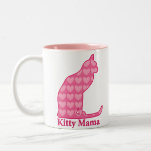 Kitty Mama sitzt in Fuchsia Pink Hearts Zweifarbige Tasse