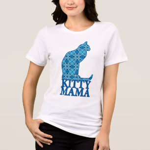 Kitty Mama sitzt Katze in Denim Blue Pattern Tri-Blend Shirt