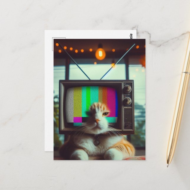Kitty mit Vintagem Fernseher Postkarte (Vorderseite/Rückseite Beispiel)