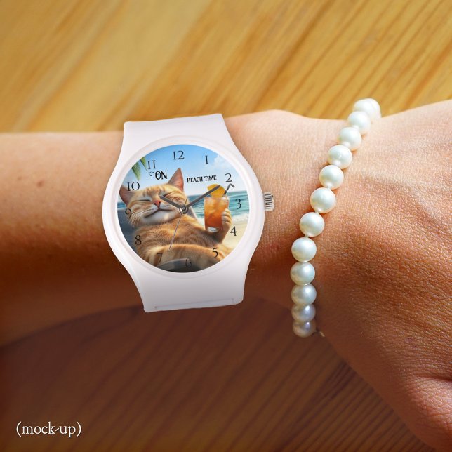 Kitty on Beach Summer Sun Armbanduhr (Watch featuring a colorful painting of a kitty enjoying a drink on the beach.)