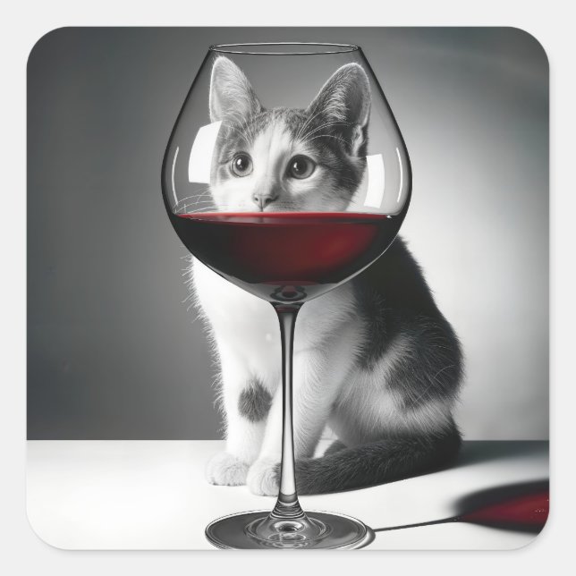 Kitty Peeking Through a Wine Glass Quadratischer Aufkleber (Vorderseite)
