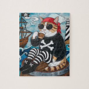 Kitty Pirate in fuzzy schwarzen Pullover mit einem Puzzle