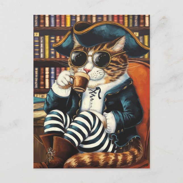 Kitty Pirate mit einem Kaffee in einem Buchladen Postkarte (Vorderseite)