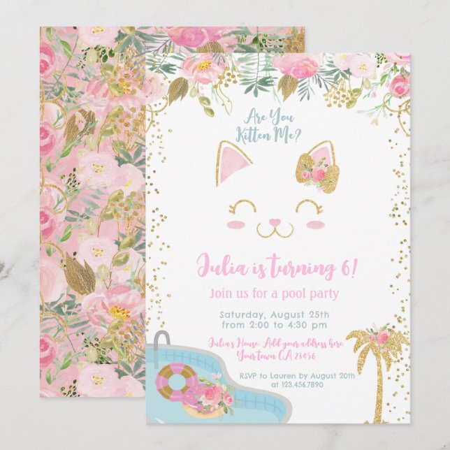 Kitty Pool Party Invitation Einladung (Vorne/Hinten)