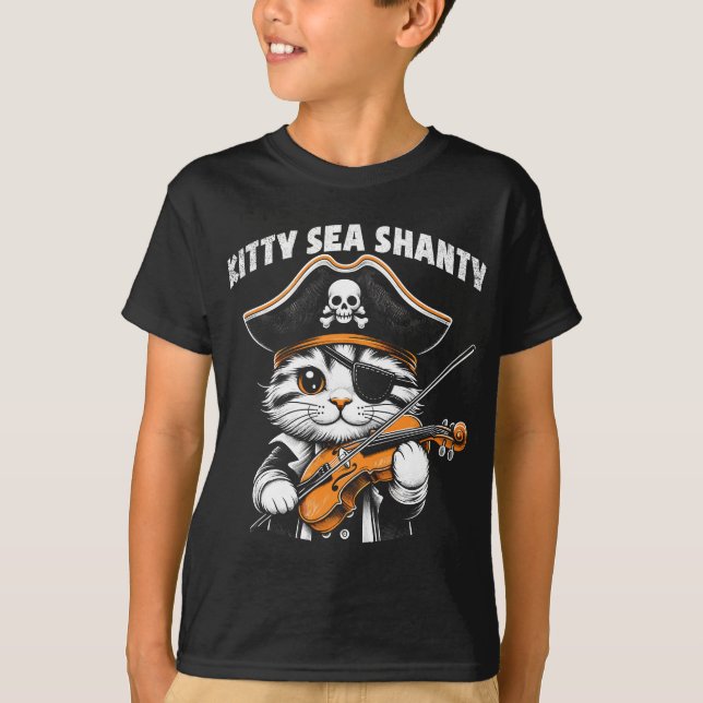 Kitty Sea Shanty Pirate Cat Violinist Illustration T-Shirt (Vorderseite)
