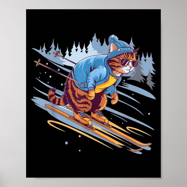 Kitty skiing down a snowy slope funny  poster (Vorne)